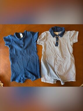 H&M Blue Short-Sleeve Button Down Romper Set - Solid & Striped